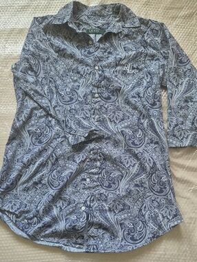 Lauren Ralph Lauren Navy and White Paisley Button-Down Shirt